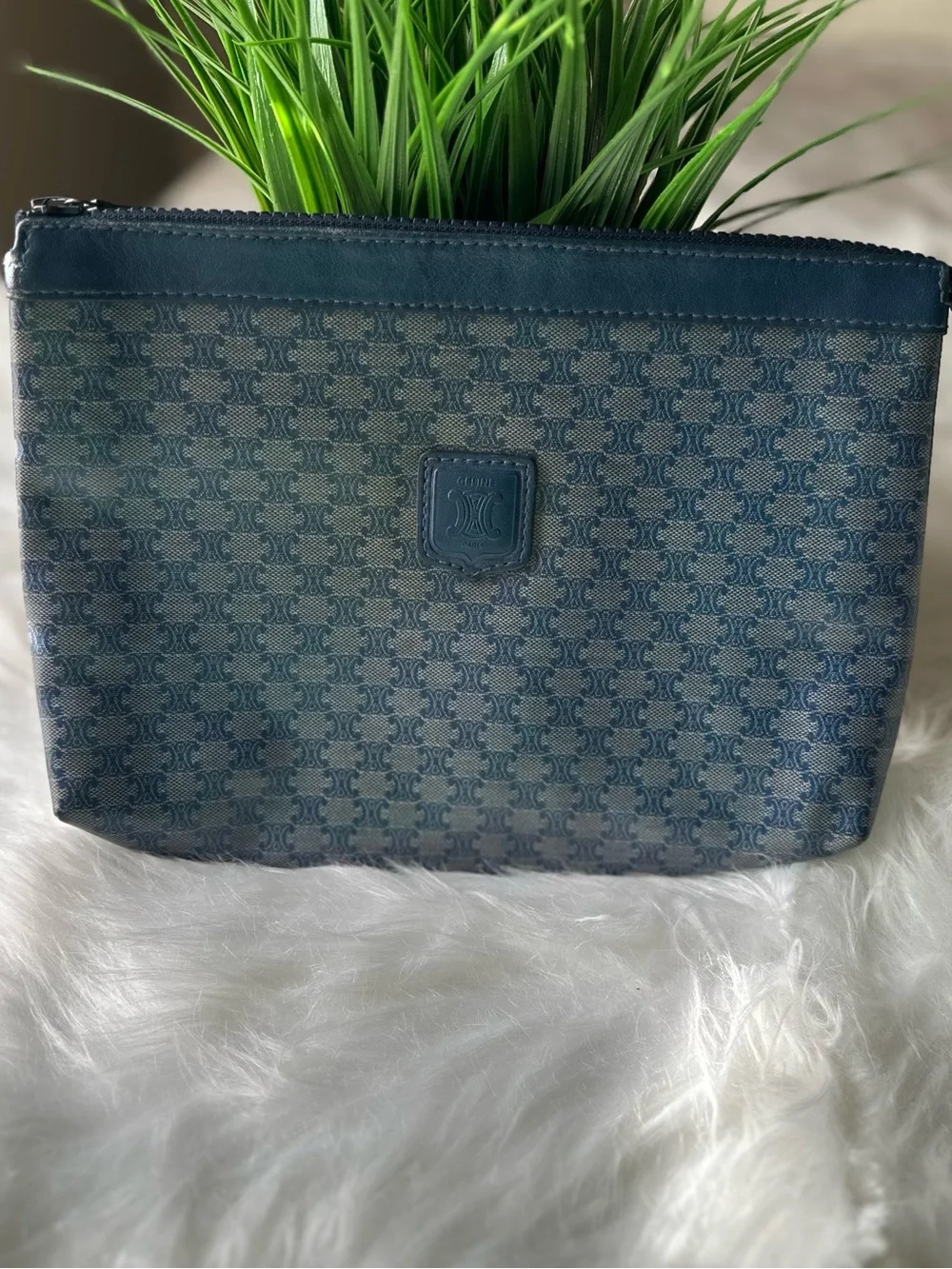 Vintage Celine Navy Macadam Monogram Toiletry Pouch Clutch